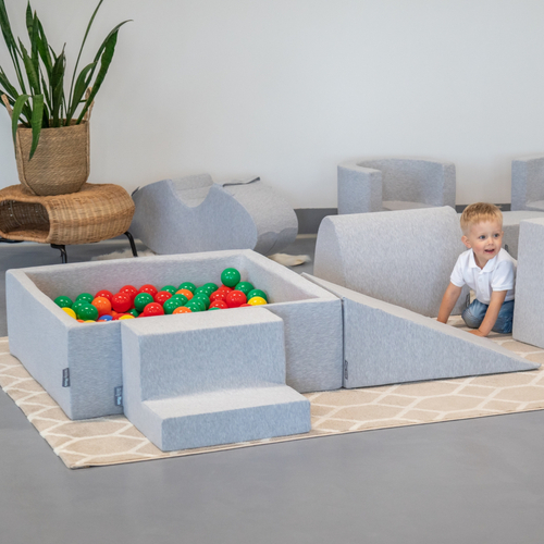 KiddyMoon Foam Playground for Kids with Square Ballpit ( ∅ 7cm/2.75In) Soft Obstacles Course and Ball Pool, Certified Made In The EU, lightgrey:yellow/green/blue/red/orange, Ballpit (300 Balls) + Version 3