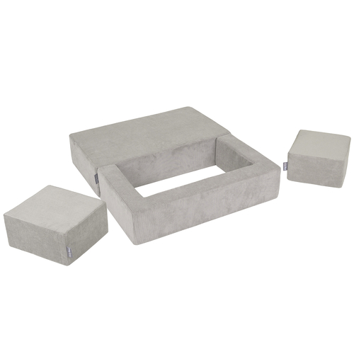 KiddyMoon Children's Foam Sofa with Two Poufs For Kids Comfortable and Lightweight Playroom Set Ribbed Fabric Removable Covers Perfect for Rest and Creative Play, light grey, Sofa/Pouf
