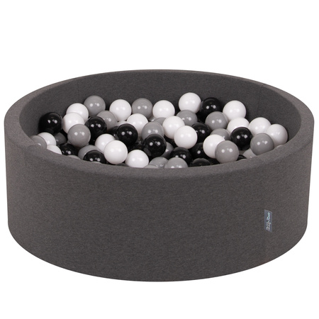 KiddyMoon Baby Foam Ball Pit with Balls ∅ 7cm / 2.75in Made in EU, dark grey:white/black/grey, 90x30cm/200 balls