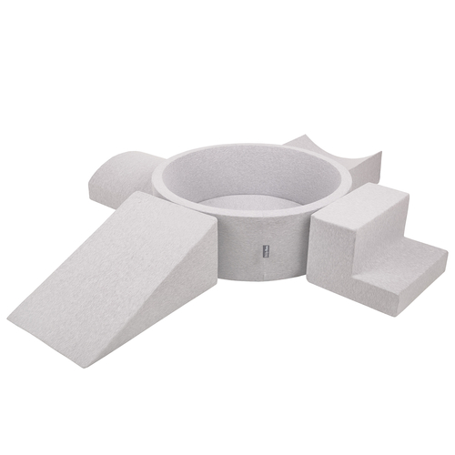 KiddyMoon Foam Playground for Kids with Round Ballpit ( ∅ 7cm/2.75In) Soft Obstacles Course and Ball Pool, Certified Made In The EU, lightgrey:white/grey/powderpink, Ballpit (200 Balls) + Version 5