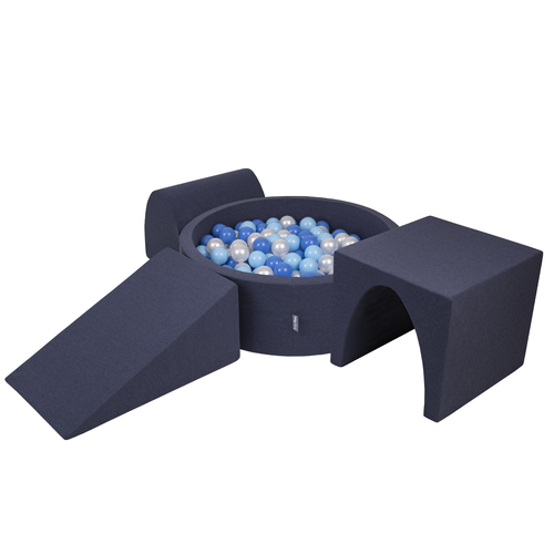 KiddyMoon Foam Playground for Kids with Round Ballpit (Balls ∅ 7cm/2.75In) Soft Obstacles Course and Ball Pool, Made In EU, darkblue:babyblue/blue/pearl, Ballpit (200 Balls) + Version 2