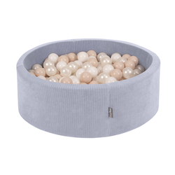 KiddyMoon Foam Ball Pit For Kids Round 90x30cm Baby Soft & Safe Toy, dark grey: pastel beige/white/perle, 90x30cm/300 balls