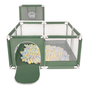 square play pen filled with plastic balls basketball, green:pastel beige/pastel blue/pastel yellow/mint, 100 balls