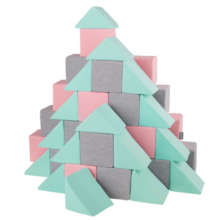 KiddyMoon Soft Foam Cubes Building Blocks 14cm for Children Multifunctional Foam Construction Montessori Toy for Babies, Certified Made in The EU, mix:light grey-pink-mint, 48 Pieces
