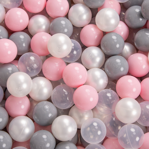 KiddyMoon Baby Foam Ball Pit with Balls ∅ 7cm / 2.75in Square Made in EU, light grey/pearl/grey/transparent/light pink