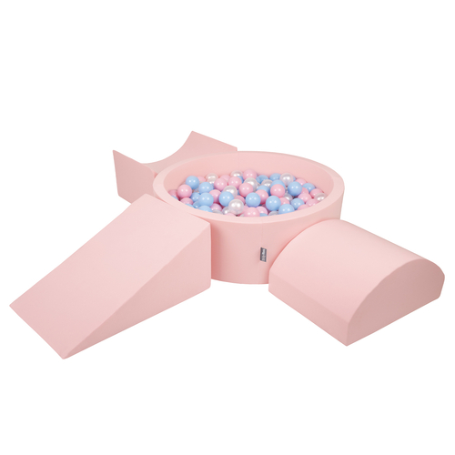 KiddyMoon Foam Playground for Kids with Round Ballpit ( ∅ 7cm/2.75In) Soft Obstacles Course and Ball Pool, Certified Made In The EU, pink:babyblue/powder pink/pearl, Ballpit (200 Balls) + Version 4