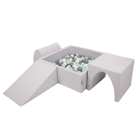 KiddyMoon Foam Playground for Kids with Square Ballpit ( ∅ 7cm/2.75In) Soft Obstacles Course and Ball Pool, Certified Made In The EU, lightgrey:white/grey/mint, Ballpit (200 Balls) + Version 2