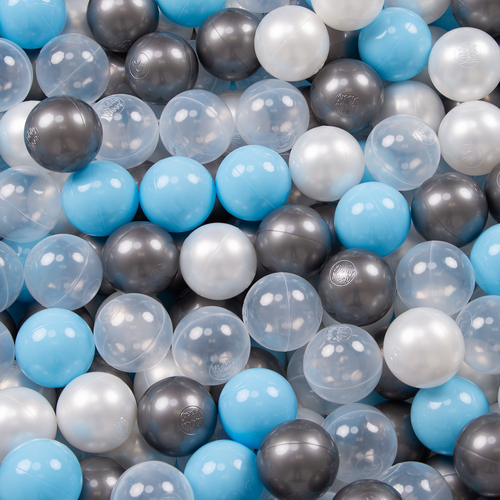 KiddyMoon Soft Plastic Play Balls ∅ 7cm/2.75in Multi-colour Made in EU, transparent/silver/pearl/babyblue, 100 Balls/7cm-2.75in