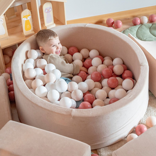 KiddyMoon Soft Plastic Play Balls ∅ 7cm/2.75in Multi-colour Made in EU, pastel beige/salmon pink/white, 200 Balls/7cm-2.75in