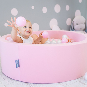 KiddyMoon Soft Ball Pit Round  ∅ 7Cm / 2.75In For Kids, Foam Ball Pool Baby Playballs Children, Made In The EU, pink:powder pink-pearl-transparent, 120x30cm/1000 balls