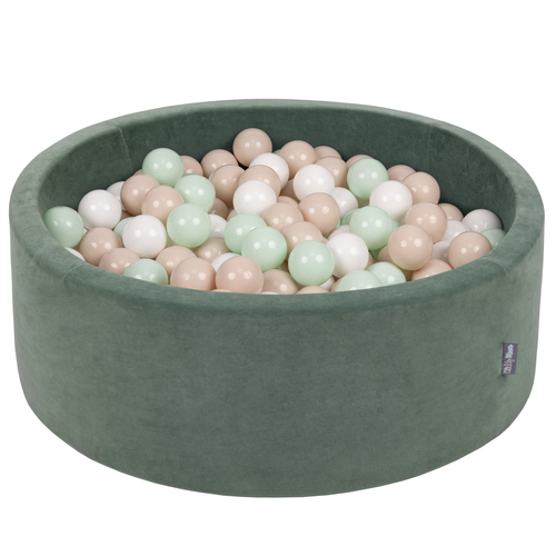 KiddyMoon Soft Ball Pit Round ∅ 7cm / 2.75In for Kids, Foam Velvet Ball Pool Baby Playballs, Made In The EU, forest green:pastel beige/white/mint, 90 x 30 cm / 300 Balls
