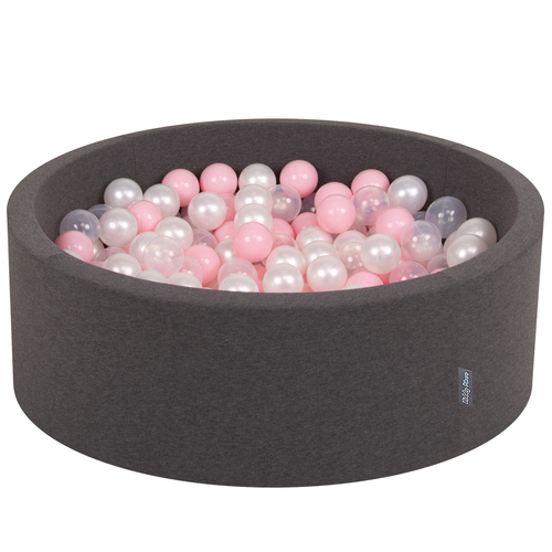 KiddyMoon Baby Foam Ball Pit with Balls ∅ 7cm / 2.75in Made in EU, dark grey:light pink/pearl/transparent, 90 x 30 cm / 200 Balls