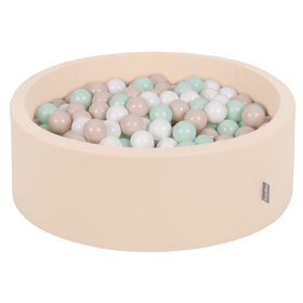 KiddyMoon Baby Foam Ball Pit with Balls ∅ 7cm / 2.75in, beige: pastel beige/white/mint, 90x30cm/300 balls