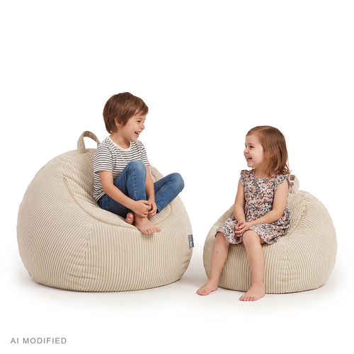 KiddyMoon Children's Storage Pouffe with Zip, Polyester Bean Bag Seat, beige, bag