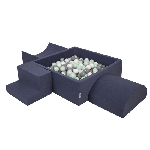 KiddyMoon Foam Playground for Kids with Square Ballpit ( ∅ 7cm/2.75In) Soft Obstacles Course and Ball Pool, Certified Made In The EU, darkblue:white/grey/mint, Ballpit (200 Balls) + Version 6