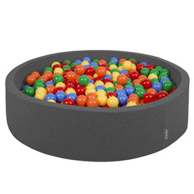 KiddyMoon Soft Ball Pit Round  ∅ 7Cm / 2.75In For Kids, Foam Ball Pool Baby Playballs Children, Made In The EU, dark grey:yellow-green-blue-red-orange, 120x30cm/200 balls