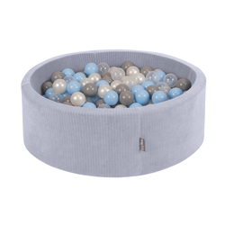 KiddyMoon Foam Ball Pit For Kids Round 90x30cm Baby Soft & Safe Toy, dark grey: perle/grey/transparent/baby blue, 90x30cm/100 balls