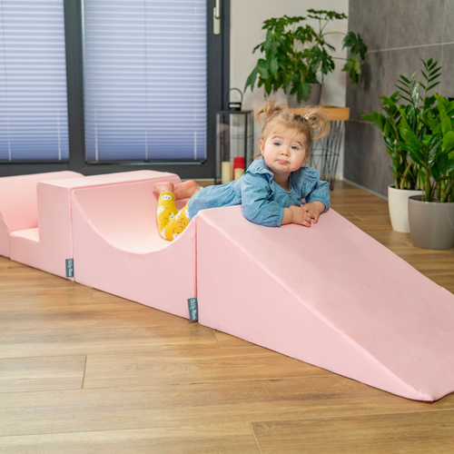KiddyMoon Foam Playground for Kids with Round Ball pit (Balls ∅ 7cm/2.75In) Soft Obstacles Course and Ball Pool, Made In EU, pink:pastel beige/light pink/pearl, Ballpit (200 Balls) + Version 2