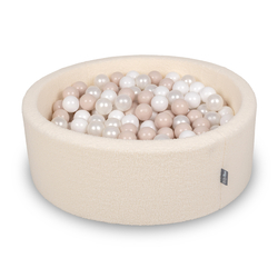 KiddyMoon Ball Pit for Baby with Teddy Plush, Large 7 cm Balls for a Fuller Ball Pit, From 8 Months, Removable Cover, Cream: Pastel Beige/White/Pearl, 90x30cm/200 balls