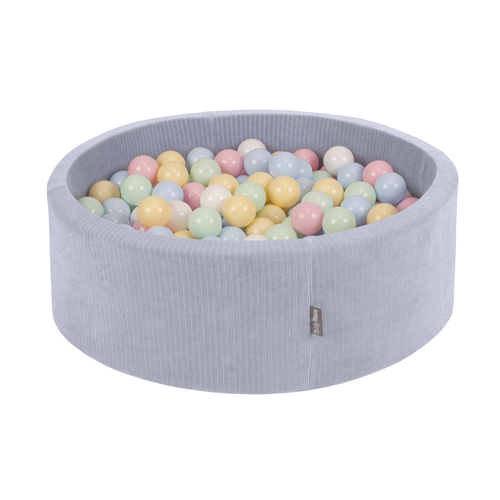 KiddyMoon Foam Ball Pit For Kids Round 90x30cm Baby Soft & Safe Toy, dark grey: pastel blue/pastel yellow/white/mint/powder pink, 90x30cm/100 balls