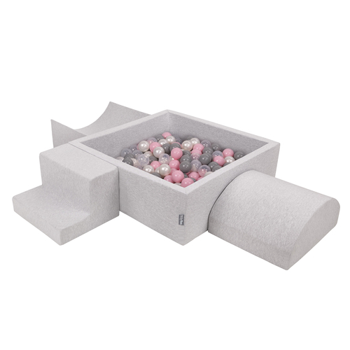 KiddyMoon Foam Playground for Kids with Square Ballpit ( ∅ 7cm/2.75In) Soft Obstacles Course and Ball Pool, Certified Made In The EU, lightgrey:pearl/grey/transparent/powderpink, Ballpit (300 Balls) + Version 6