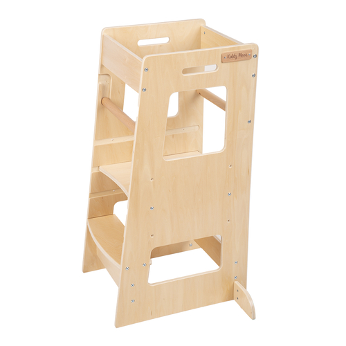 KiddyMoon Toddler Learning Tower, Montessori Kitchen Step Stool, Height Adjustable (3 Levels), Safety Rail, Natural, 91,5x39,3x49,4