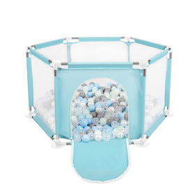 hexagon 6 side play pen with plastic balls, Mint:pearl/grey/transparent/babyblue/mint, 900 balls