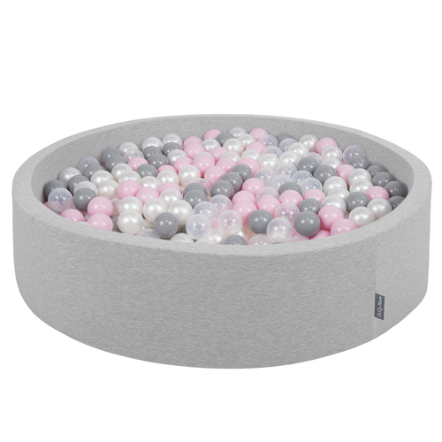 KiddyMoon Soft Ball Pit Round ∅ 7Cm / 2.75In For Kids, Foam Ball Pool Baby Playballs Children, Made In The EU, light grey:pearl-grey-transparent-powder pink, 120x30cm/200 balls