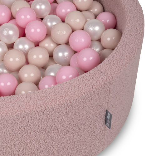 KiddyMoon Ball Pit for Baby with Teddy Plush, Large 7 cm Balls for a Fuller Ball Pit, From 8 Months, Removable Cover, Pink: Pastel Beige/Powder Pink/Pearl, 90 x 30 cm / 200 Balls
