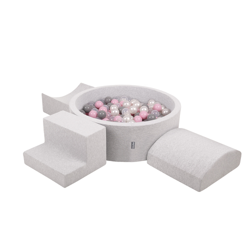 KiddyMoon Foam Playground for Kids with Round Ball pit ( ∅ 7cm/2.75In) Soft Obstacles Course and Ball Pool, Certified Made In The EU, lightgrey:pearl/grey/transparent/powderpink, Ballpit (300 Balls) + Version 6
