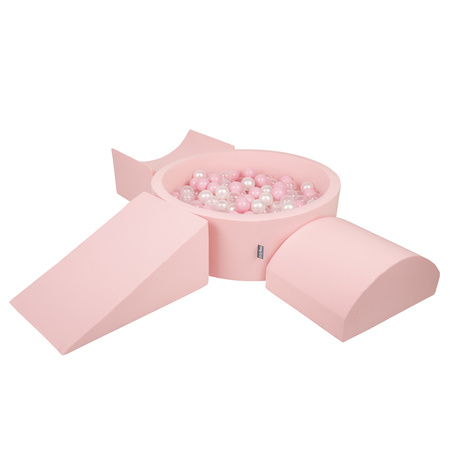 KiddyMoon Foam Playground for Kids with Round Ballpit ( ∅ 7cm/2.75In) Soft Obstacles Course and Ball Pool, Certified Made In The EU, pink:powder pink/pearl/transparent, Ballpit (200 Balls) + Version 4