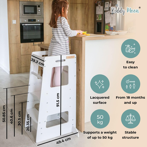 KiddyMoon Toddler Learning Tower, Montessori Kitchen Step Stool, Height Adjustable (3 Levels), Safety Rail, Natural, 91,5x39,3x49,4