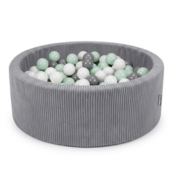 KiddyMoon Ball Pit for Baby and Toddler, Soft Play Ball Pit, 90 x 30 cm with 200 Balls, Soft Foam Ball Pool, Ribbed Washable Cover, Dark Grey: White/Grey/Mint, 90 x 30 cm / 200 Balls