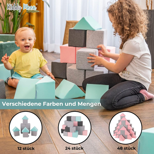 KiddyMoon Soft Foam Building Blocks for Babies & Toddlers, Washable Velvet Zip Cover, 14cm Cubes, Sensory Toy, cubes:lagoon turquoise-forest green-desert pink-ice blue-grey mountains, 24 Pieces