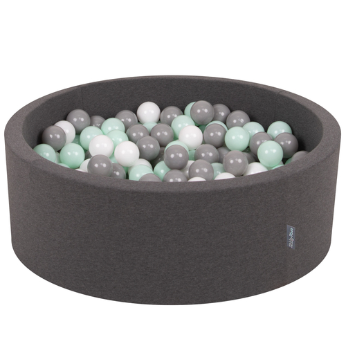 KiddyMoon Baby Foam Ball Pit with Balls ∅ 7cm / 2.75in Made in EU, dark grey:white/grey/mint, 90 x 30 cm / 300 Balls