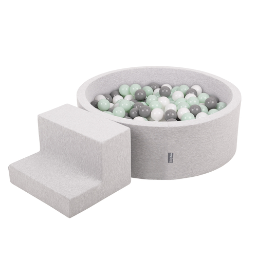 KiddyMoon Foam Playground for Kids with Round Ball pit (200 Balls ∅ 7cm/2.75In) Soft Obstacles Course and Ball Pool, Certified Made In The EU, lightgrey:white/grey/mint, Ballpit (100 Balls) + Steps