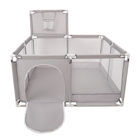 square play pen filled with plastic balls basketball, Grey:blue/turquoise/yellow/transparent, 200 balls