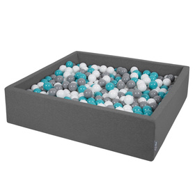 KiddyMoon Soft Ball Pit Square  ∅ 7Cm / 2.75In For Kids, Foam Ball Pool Baby Playballs Children, Made In The EU, dark grey:grey-white-turquoise, 120x30cm/1000 balls