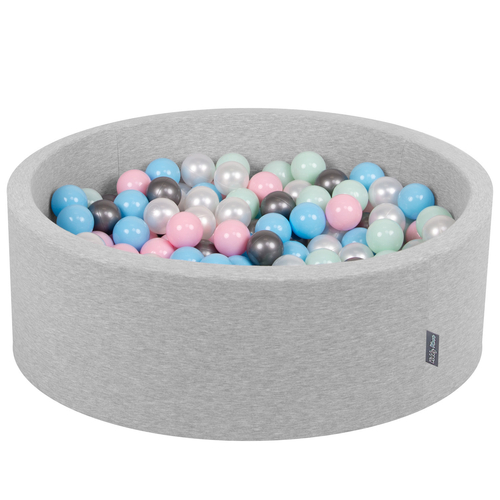 KiddyMoon Baby Foam Ball Pit with Balls ∅ 7cm / 2.75in Made in EU, light grey:pearl/light pink/baby blue/mint/silver, 90 x 30 cm / 200 Balls