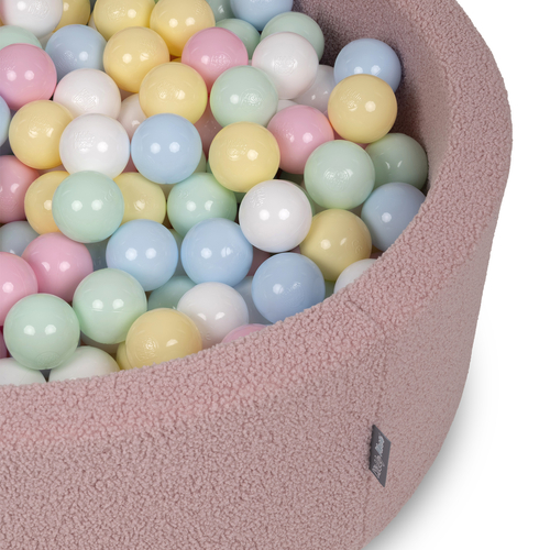 KiddyMoon Ball Pit for Baby with Teddy Plush, Large 7 cm Balls for a Fuller Ball Pit, From 8 Months, Removable Cover, Pink: Pastel Blue/Pastel Yellow/White/Mint/Powder Pink, 90 x 30 cm / 200 Balls