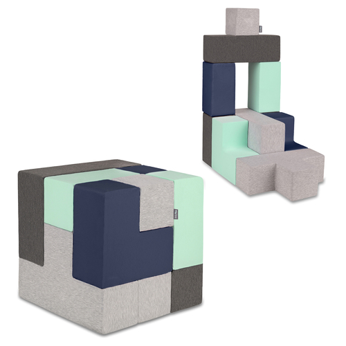 KiddyMoon Soft Foam Cubes Building Blocks 14cm for Children Multifunctional Foam Construction Montessori Toy for Babies, Certified Made in The EU, light grey-dark grey-dark blue-mint, 9 Pieces