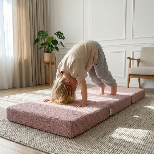 KiddyMoon Foam Mattress with Pillow for Children with Teddy Bear Fabric, Multifunctional and Foldable for Toddlers, pink, Mattress with Pillow