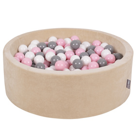 KiddyMoon Soft Ball Pit Round 7cm / 2.75In for Kids, Foam Velvet Ball Pool Baby Playballs, sand beige:white/grey/light pink, 90x30cm/200 balls