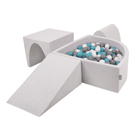 KiddyMoon Foam Playground for Kids with Quarter Angular Ballpit and Balls, lightgrey:grey/white/turquoise, Ballpit (200 Balls) + Version 2