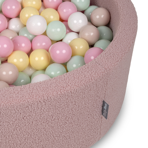 KiddyMoon Ball Pit for Baby with Teddy Plush, Large 7 cm Balls for a Fuller Ball Pit, From 8 Months, Removable Cover, Pink: Pastel Beige/Pastel Yellow/White/Mint/Powder Pink, 90 x 30 cm / 200 Balls