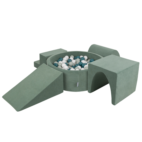 KiddyMoon Foam Playground Velvet for Kids with Round Ball pit ( ∅ 7cm/2.75In) Soft Obstacles Course and Ball Pool, Certified Made In The EU, forest green:dark turquoise/greygreen/white, Ballpit (200 Balls) + Version 3