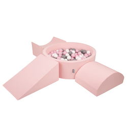 KiddyMoon Foam Playground for Kids with Round Ballpit ( ∅ 7cm/2.75In) Soft Obstacles Course and Ball Pool, Made In The EU, pink:white/grey/powder pink, Ballpit (200 Balls) + Version 4