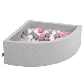 KiddyMoon Soft Ball Pit Quarter Angular ∅ 7cm / 2.75In for Kids, Foam Ball Pool Baby Playballs, Made In The EU, light grey:transparent/grey/white/pink/mint, 90x30cm/200 balls