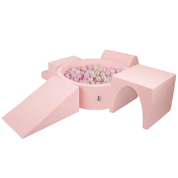 KiddyMoon Foam Playground for Kids with Round Ballpit ( ∅ 7cm/2.75In) Soft Obstacles Course and Ball Pool, Made In The EU, pink:pastel beige/light pink/pearl, Ballpit (200 Balls) + Version 3