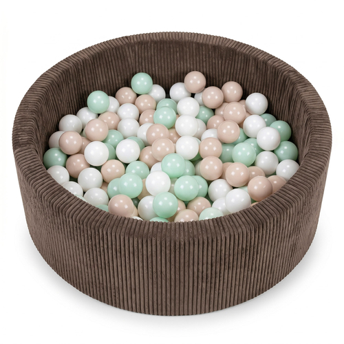 KiddyMoon Ball Pit for Baby and Toddler, Soft Play Ball Pool with ribbed Washable Cover, Brown: Pastel Beige/White/Mint, 90 x 30 cm / 200 Balls